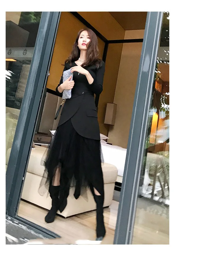 Sexy Black Mesh Patchwork Long Skirts for Ladies Elegant Style Women High-waisted Blazer Work Skirts Steam Punk Style