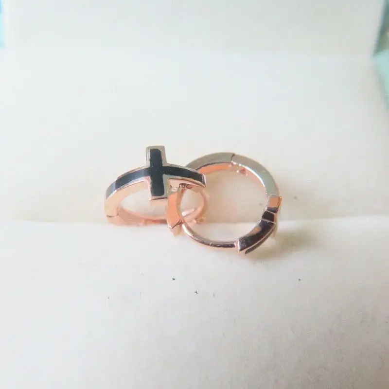 Серьги-кольца из чистого розового золота 18 K, черные серьги-кольца с крестиком для женщин