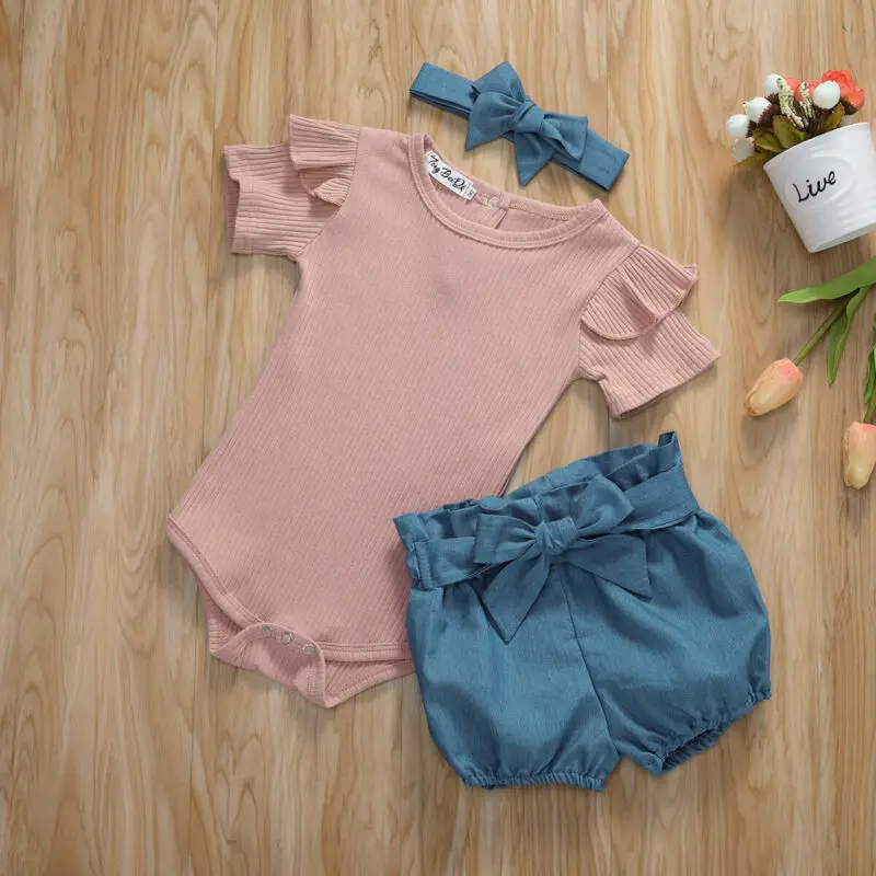 

AA 2020 Toddler Baby Girl Sunsuit Clothes Tops Knitted Romper Bodysuit + Pants + Headband Set Costume