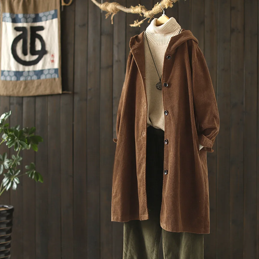 Женские винтажные куртки с карманами, пальто, одежда, топы, вельвет, одноцветные, на пуговицах, с рукавом, свободное женское повседневное пальто размера плюс#117