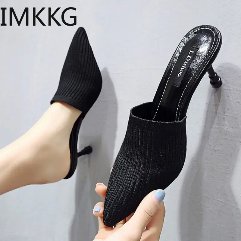 

Knitted Elastic Upper Mules Slippers Home Women High Heel 7 Cm Slippers Female Sock Shoes Summer Brand Designers 2019 Q00243