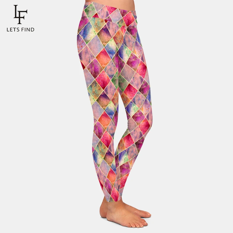 LETSFIND Hot Sales Women High Waist Legging Geometric Plaid Printing Leggings Slim High Elasticity Fitness Leggings Female Pants