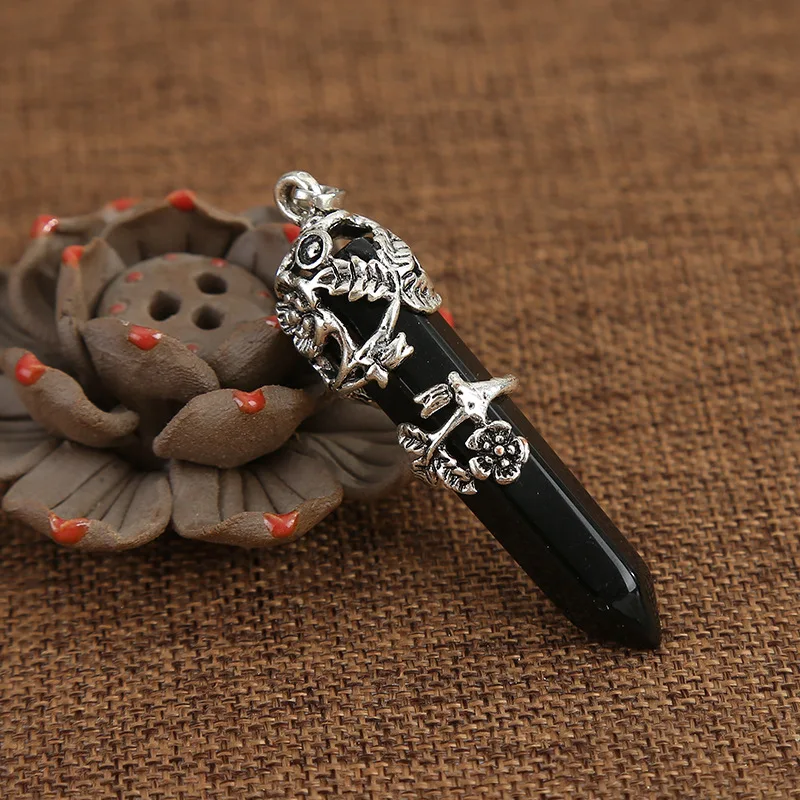 Natural Stone Hexagon Prism Tiger Eye Amethyst Pink Crystal Opal Flower Pendants Charms Necklace Jewelry Making