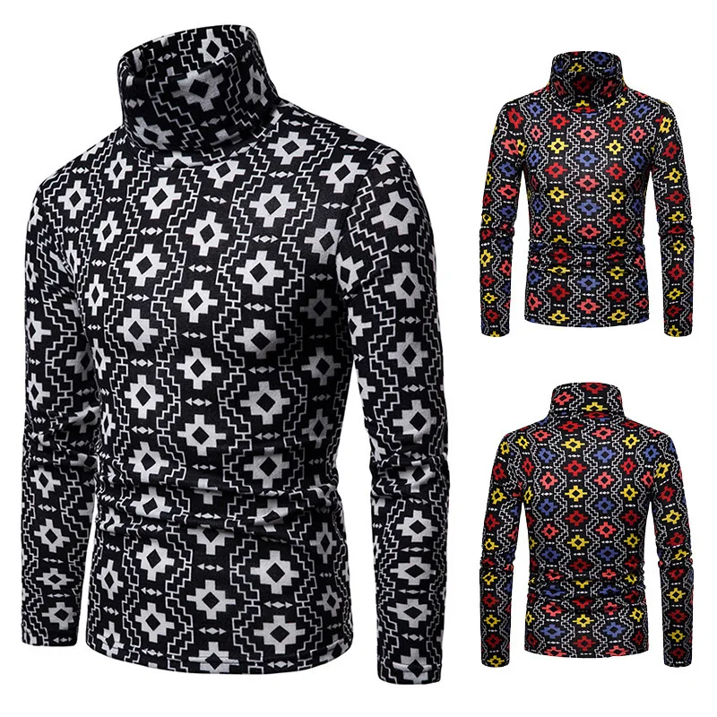 

2019 Men's High Quality Brand Turtleneck Sweater Plus Velvet Thickening Man Tetris Pattern Knitwear Slim Pullover Double Collar