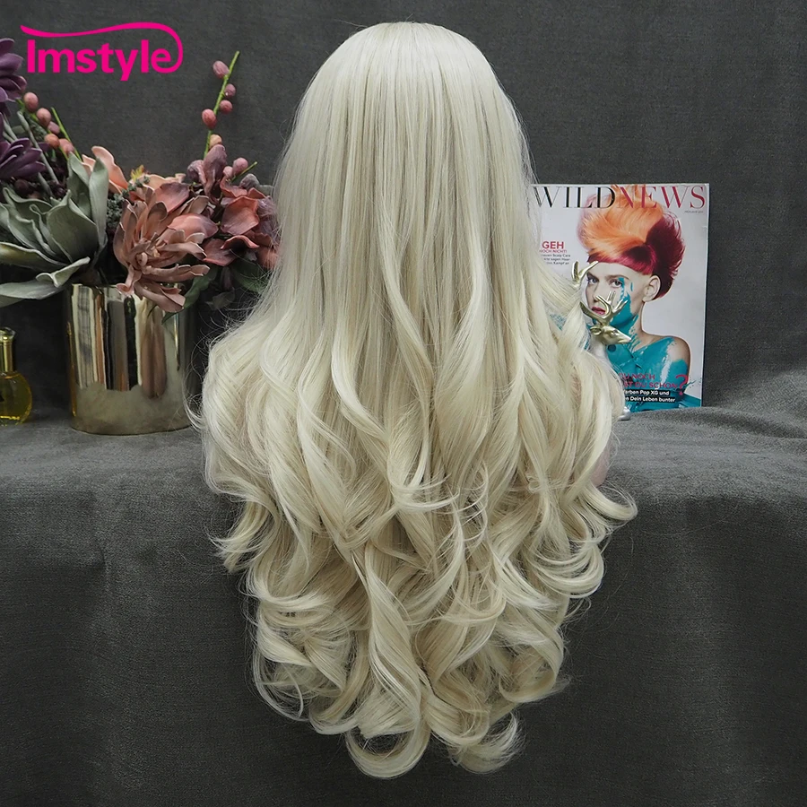 Imstyle-Perruques blondes agaçantes pour femmes, perruque avant en dentelle synthétique, fibre de degré de chaleur, perruques naturelles ondulées longues en platine, perruque de cosplay