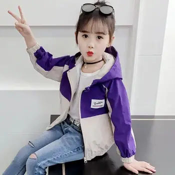 

Spring Jacket for Girls Coats Hooded Patchwork Thin Pattern Baby Girls Clothes Outerwear Kids Windbreaker Autumn teen Jackets