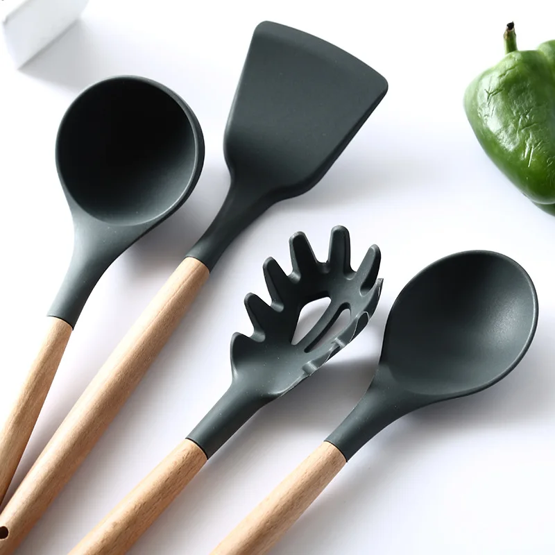 Silicone Kitchenware Cooking Utensils Set Non-stick Cookware Accessories Spatula Wooden Handle Black Cute kitchen Gadget Sets