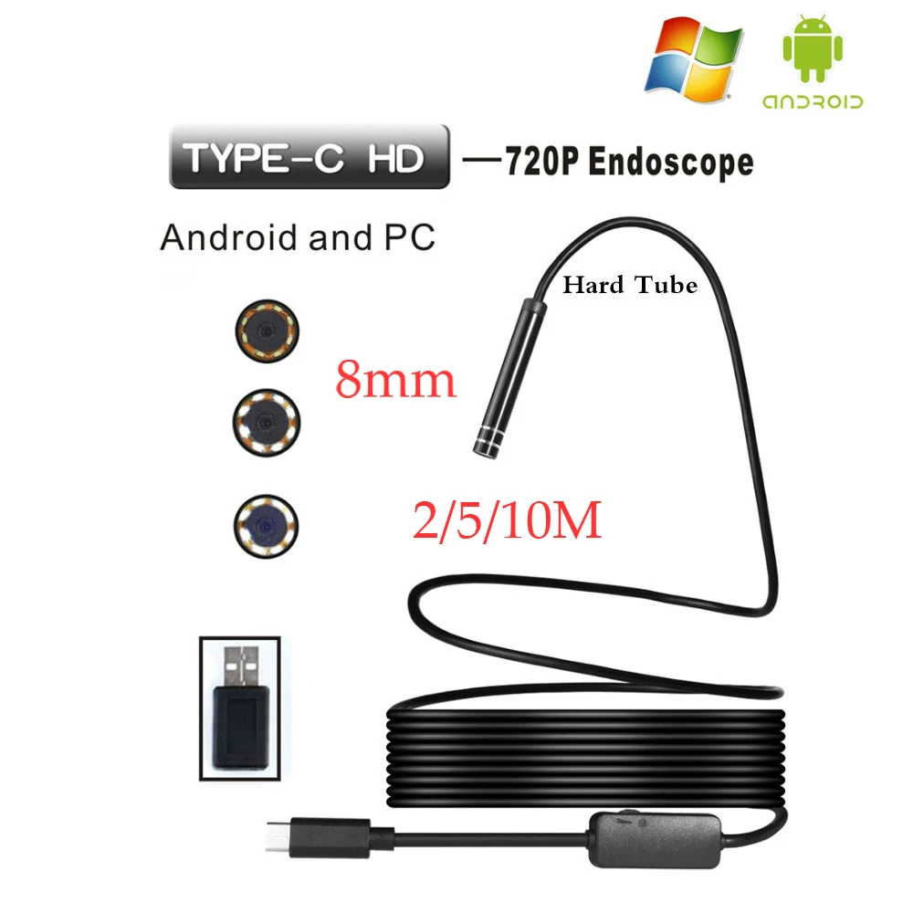 Камера-Эндоскоп на Android HD с объективом 8 мм Type C USB для осмотра жестких трубок ПК