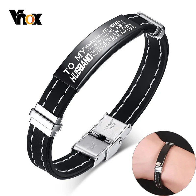 Vnox 12mm Customize Men Bracelet Black Sewed Silicone Band with Stainless Steel ID Tag Casual Male Bangle Husband Gift Wristband | Украшения