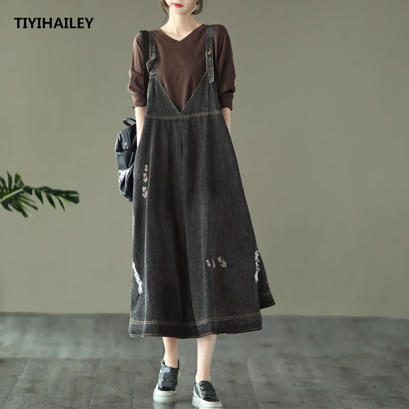 

TIYIHAILEY Free Shipping 2020 Fashion Spaghetti Strap Denim Embroidery Holes Dress Fashion Suspenders Women Jeans Long Mid-Calf