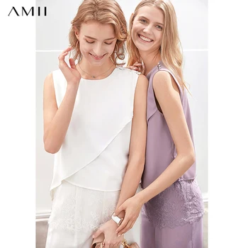

Amii Minimalist Spring Summer Women Lady Oneck sleeveless Lace Blouse 11970182