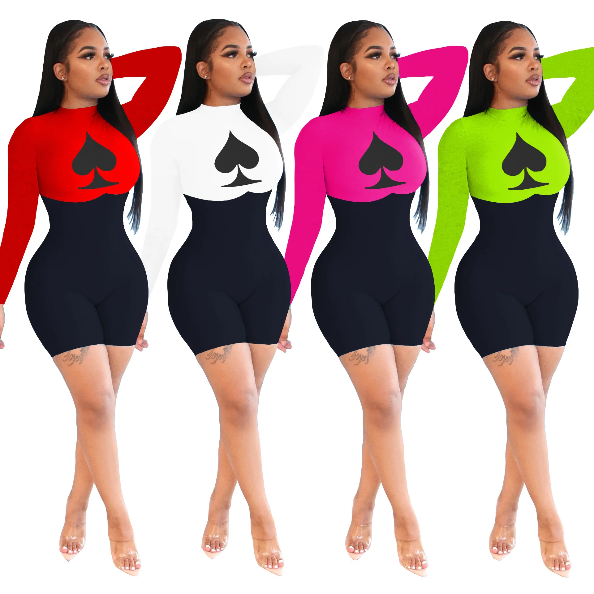 

2020 Summer Women Jumpsuit Hot Style Model Solid-color Poker Spades Q Print Long Sleeves European and American Rompers Bodysuit
