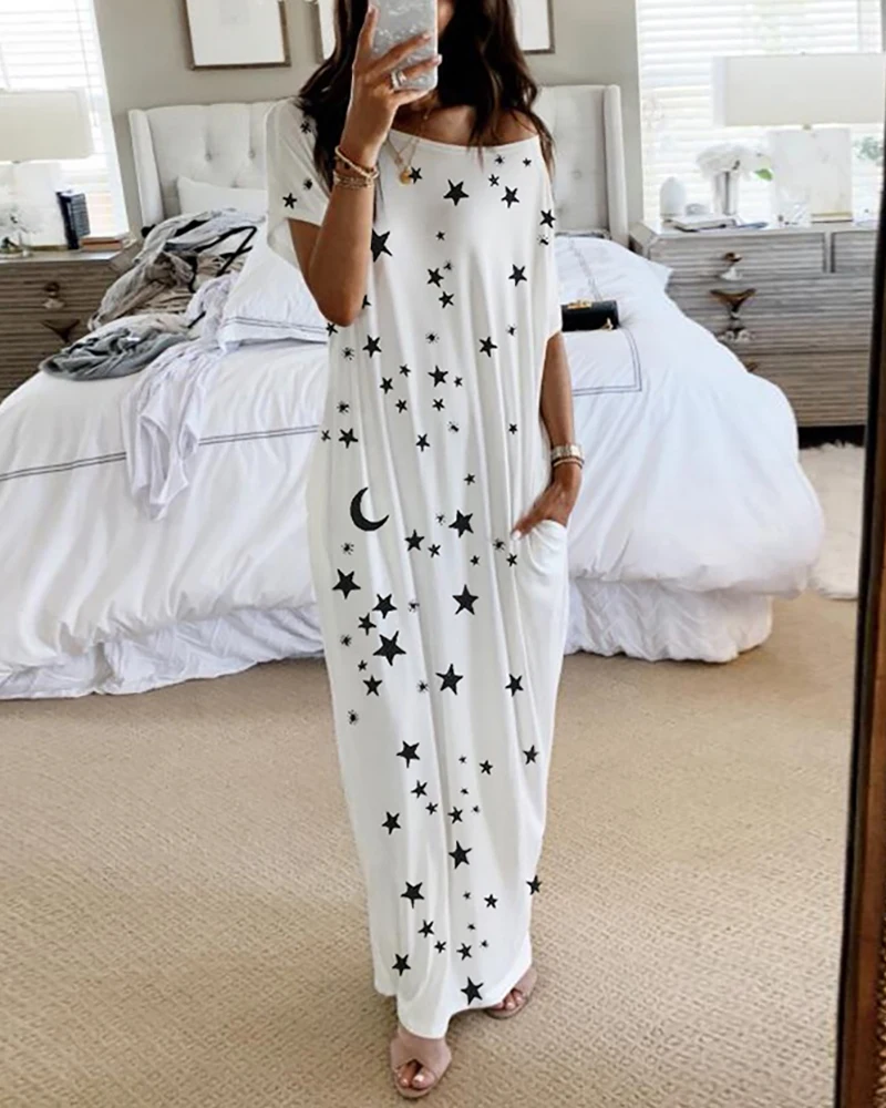 

2020 Women Elegant Casual Maxi O Neck Loose Summer Beach Dress Female Short Sleeve Stars Print Casual Dress with Pocket