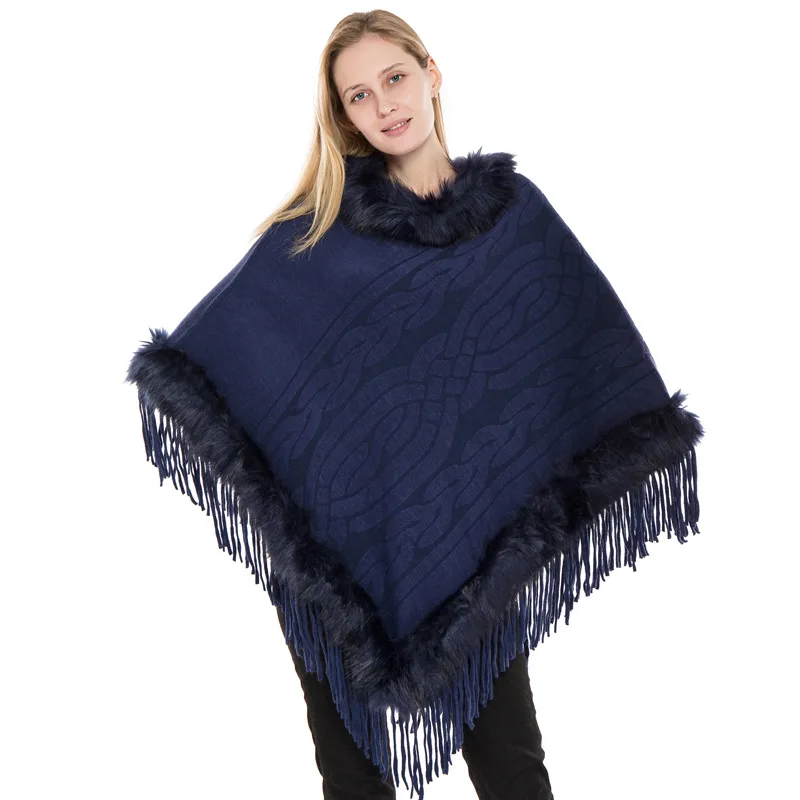 Fashion Women luxury Faux fur collar fur fringed ponchos and cape Top Quality Knitted Ponchos New warm Jacquard sweater shawls