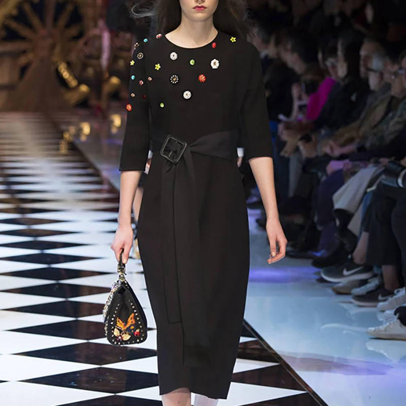Runway 2020 Summer Short Sleeve Beaded Dress Women's 191219X01 | Женская одежда