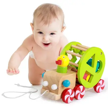 

Hobbylane Wooden Cartoon Duck Trailer Shape Matching Rope Pulling Early Learning Toy for Kids
