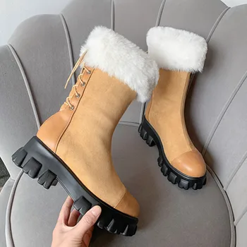 

2020 new winter pulsh keep warm top quality ankle boots med heels round toe black brown with fur women boots
