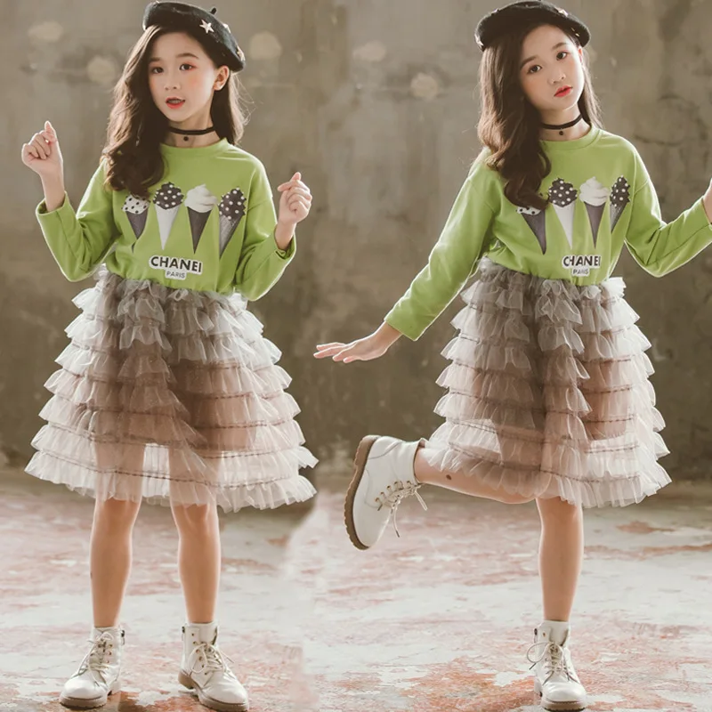 Осеннее платье для девочек праздничное платье с длинными рукавами и принтом мороженого для девочек детская зимняя одежда из хлопка кружевные платья платье для девочек от 8 до 12 лет