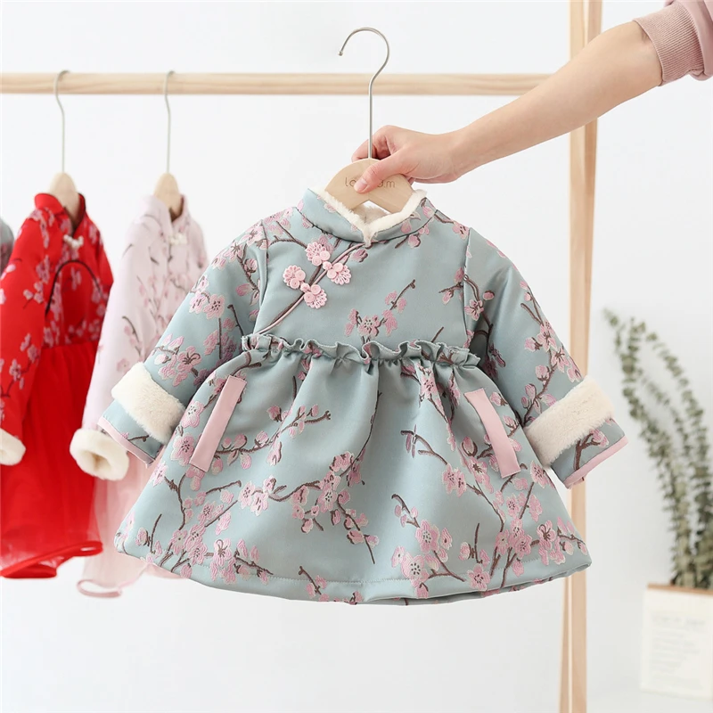 DRESS Традиционная китайская одежда для девочек; зимнее платье с вышивкой; подарок на год; Хлопковое платье с длинными рукавами в китайском стиле - Цвет: DRESS