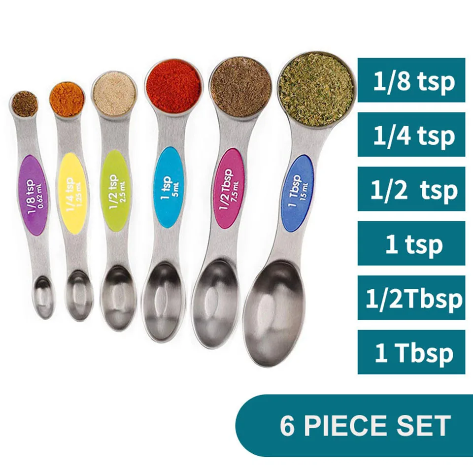 6Pcs Double End 430 Magnetic Stainless Steel Measuring Spoon Set, Dry or  Liquid Measuring Spoons, Includes 1/8 Tsp, 1/4 Tsp, 1/2 Tsp, 1 Tsp, 1/2 Tbsp  and 1 Tbsp 