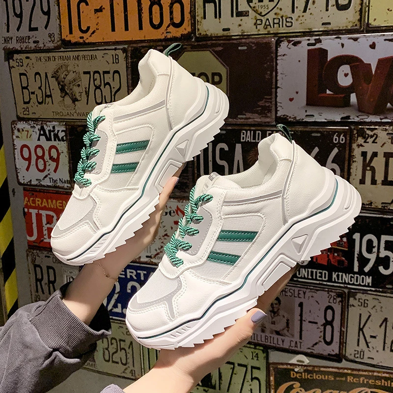 

Women Platform Chunky Sneakers Fashion Designers Lace Up Casual Shoes Ladies Sports Breathable Comfortable Footwear 2020 Spring