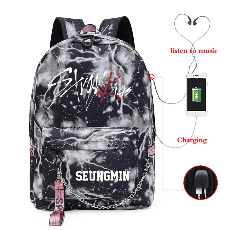 Kpop Stray Kids рюкзак с изображением звездного неба и молнии, USB зарядка, большой емкости, модная школьная дорожная сумка для детей - Цвет: SEUNGMIN01