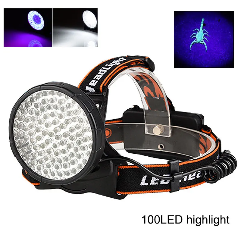 

4 Modes 100 LED White UV Blacklight Outdoor Headlamp Rechargeable Detects Scorpions Torch Light