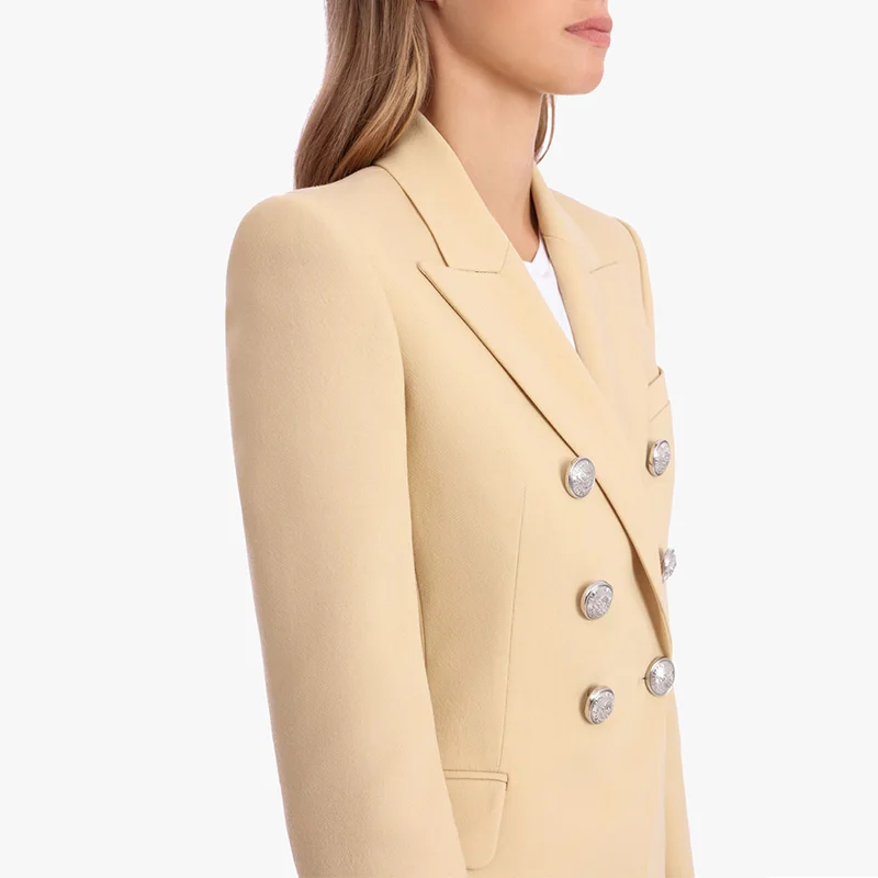 Deals Spring Autumn Design European American Solid Beige Jackets Double Breasted Buttons Skinny Fit Blazers Plus Size High Quality