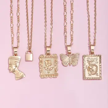 

ALYXUY Fashion Multi Layer Lock Rose Butterfly Pendants Necklaces For Women Gold Metal Dragon Necklace New Design Jewelry Gift