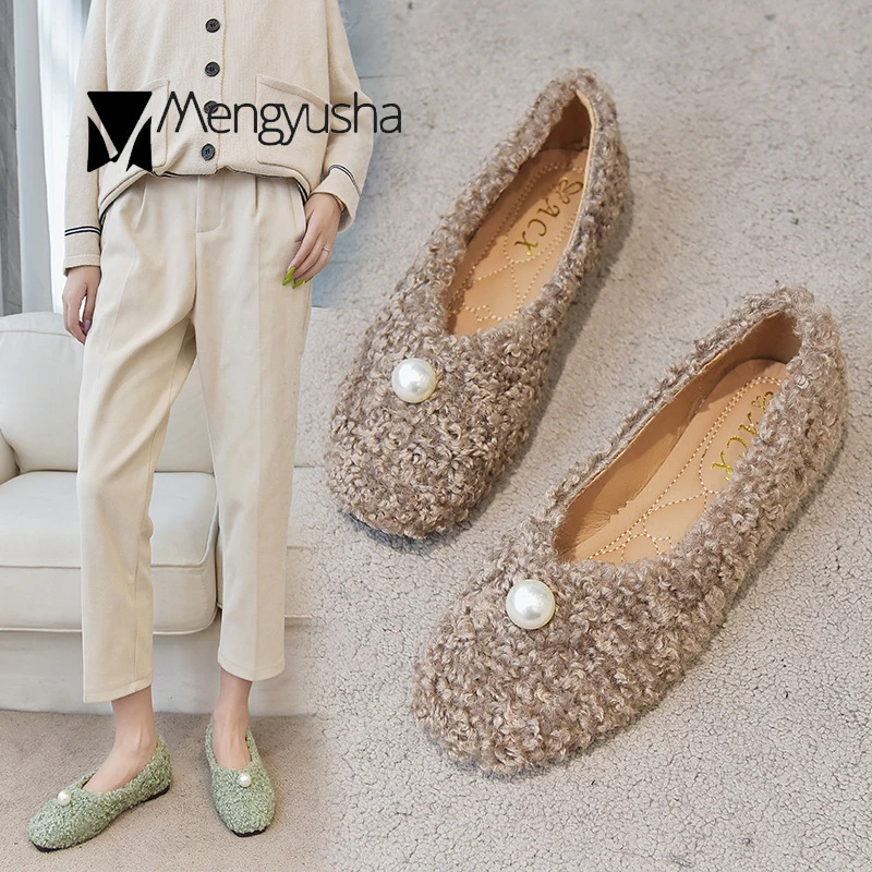 

fur shoes woman big pearl beading shallow slip-on loafers cozy soft bottom casual solid moccasins winter warm curl wool espadrilles