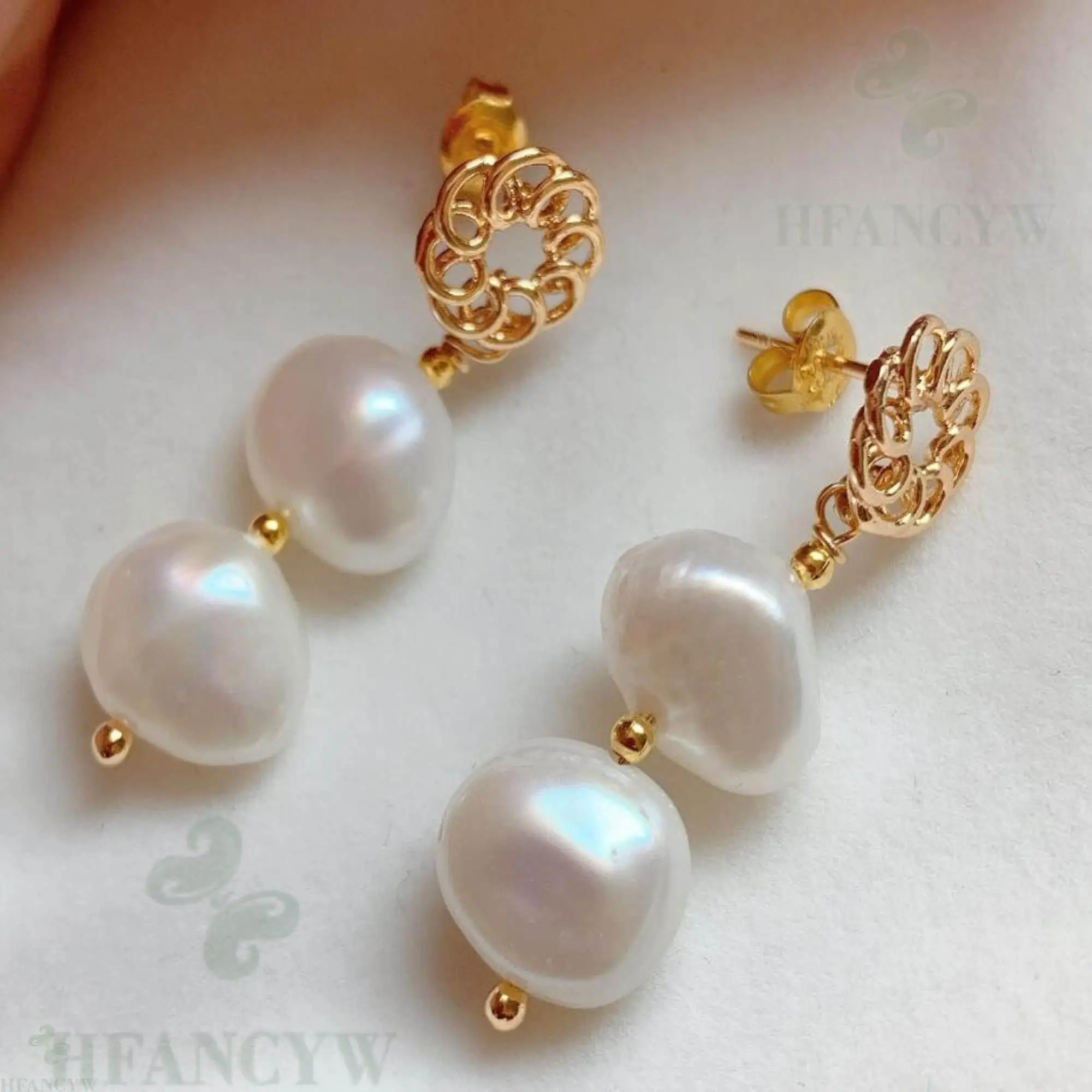 White Baroque Pearl Long Section Earring 18k Ear Stud Real Cultured Gift White Baroque Pearl Long Section Earring 18k Ear Stud Real Cultured Gift