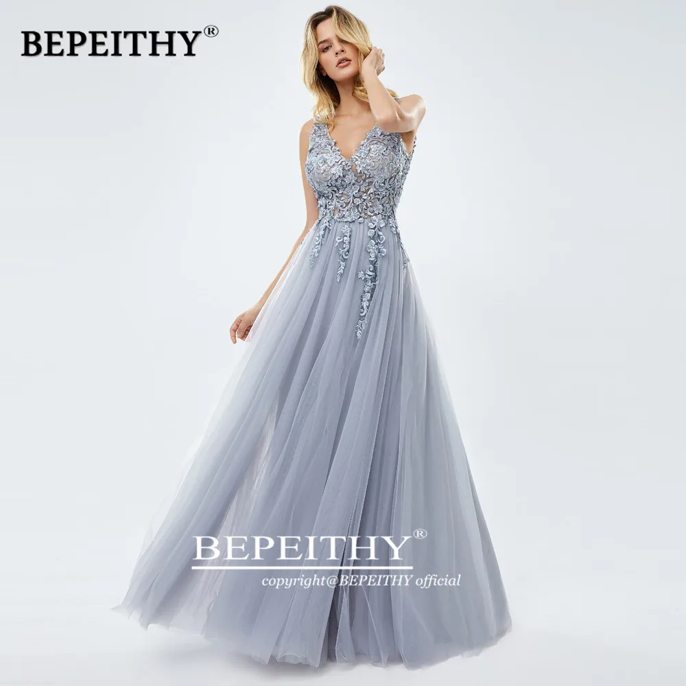 Preise 2020 EIN linr Grau Lange Kleid Abendkleider Mit Schlitz Robe De Mariee Elegante Spitze Prom Party Kleid платье вечернее