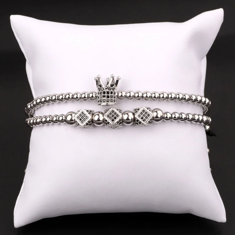 High Quality CZ Micro Pave Crown Charm Stainless Steel Beads Adjustable Bracelet Men Jewelry - Image 2