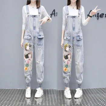 

Overalls for Women 2020 Spring Autumn Loose Beads Embroidery Flowers with Holes Denim Suspender Pants Strap Jeans Students Jeans