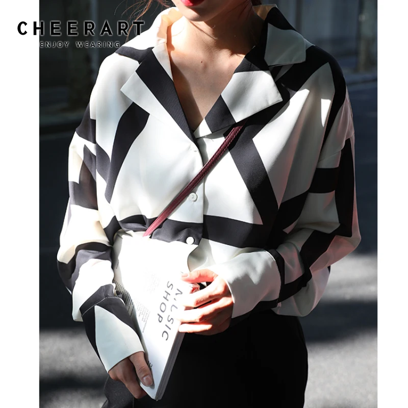 

Cheerart Autumn 2019 Women Tops And Blouses Chiffon Long Sleeve Shirt Lapel Black And White Korean Shirt New Arrival