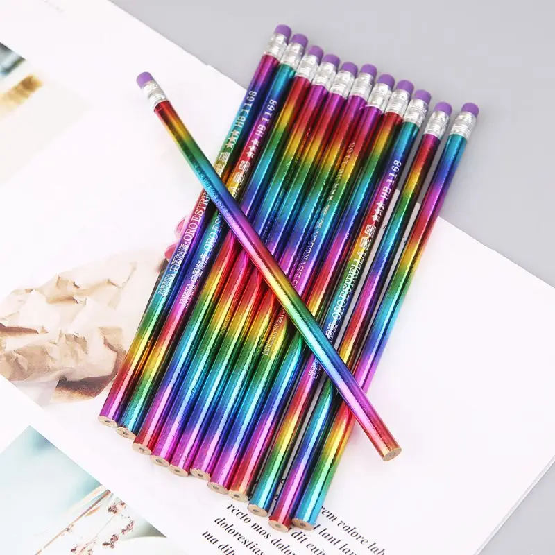 12Pcs Rainbow Pencil Wood Environmental Protection Bright Color HB Drawing Painting Pencils School Office Writing Pen LX9A