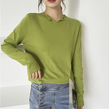 

Autumn Long Sleeve Bottoming Pullover Sweater Women Solid Color V Collar Soft Knit Sweater Hot Sale Korean Loose Knitwear