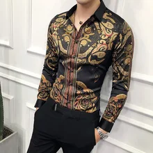 Модные новые Клубные рубашки Camisa с принтом для мужчин s корейские повседневные Атласные Рубашки Дизайнерская мужская футболка с цветами шелковые мужские