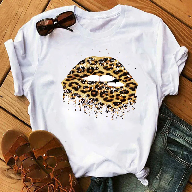 Summer Cool Leopard Red Lips Graphic Printed Black T-shirt Women Fashion Short Sleeve Tshirts Female Harajuku Casual Tops Tee cute summer crop tops Tees