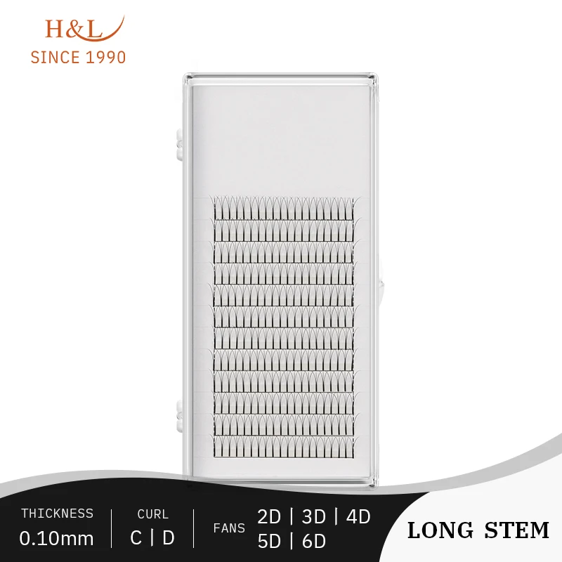 H& L, с 1990, 0,10 мм, толщина, длинный стержень, предварительно изготовленный вентилятор для наращивания ресниц, готовые вентиляторы 2D 3D 4D 5D 6D