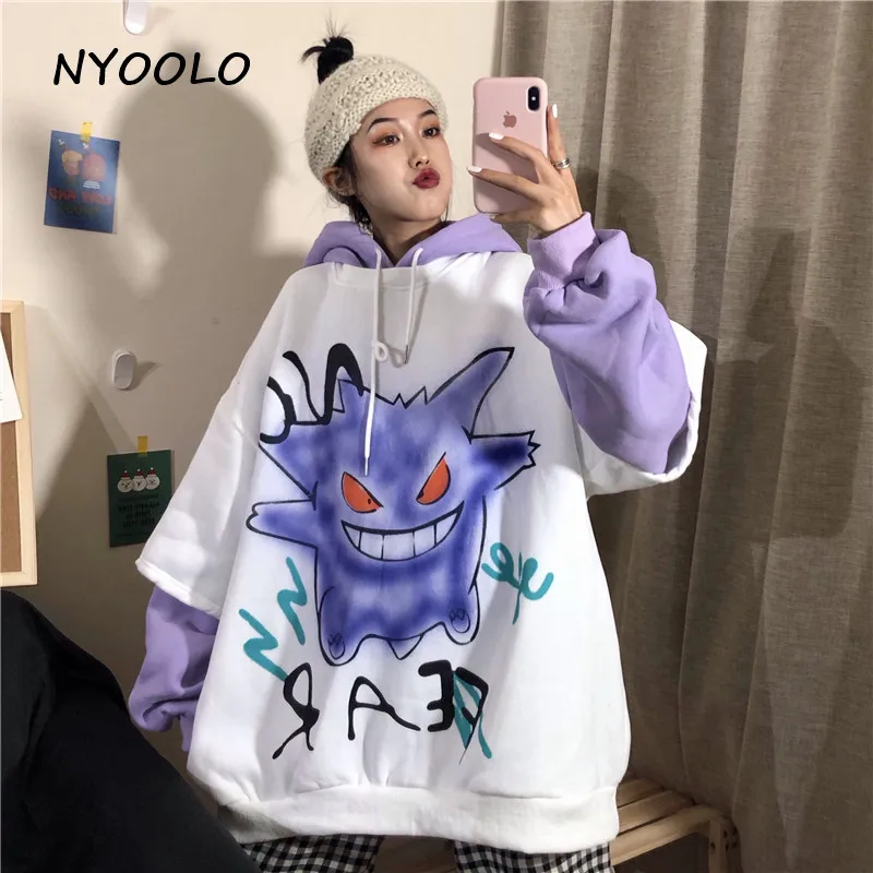 NYOOLO, Осень-зима, с принтом монстра, поддельные, две части, пэчворк, теплые толстовки, повседневные, плюс бархат, пуловер, с капюшоном, Толстовка для женщин