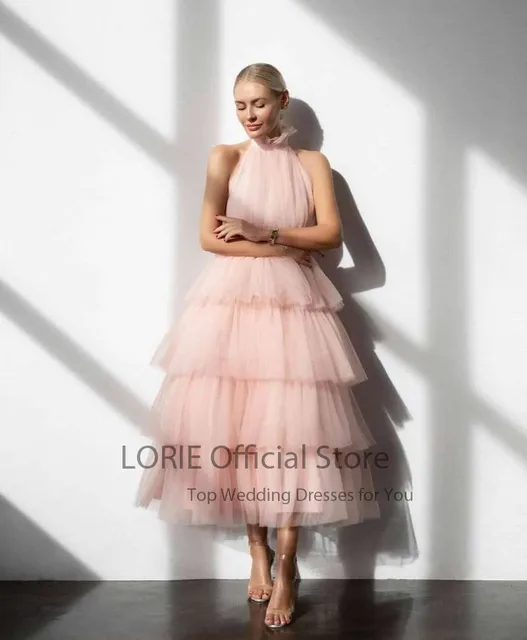 LORIE Baby Blue Prom Dresses High Neck Tiered Tulle Tea Length Backless Summer Arabic Wedding Party Gown Graduation Dress 2021 Pink
