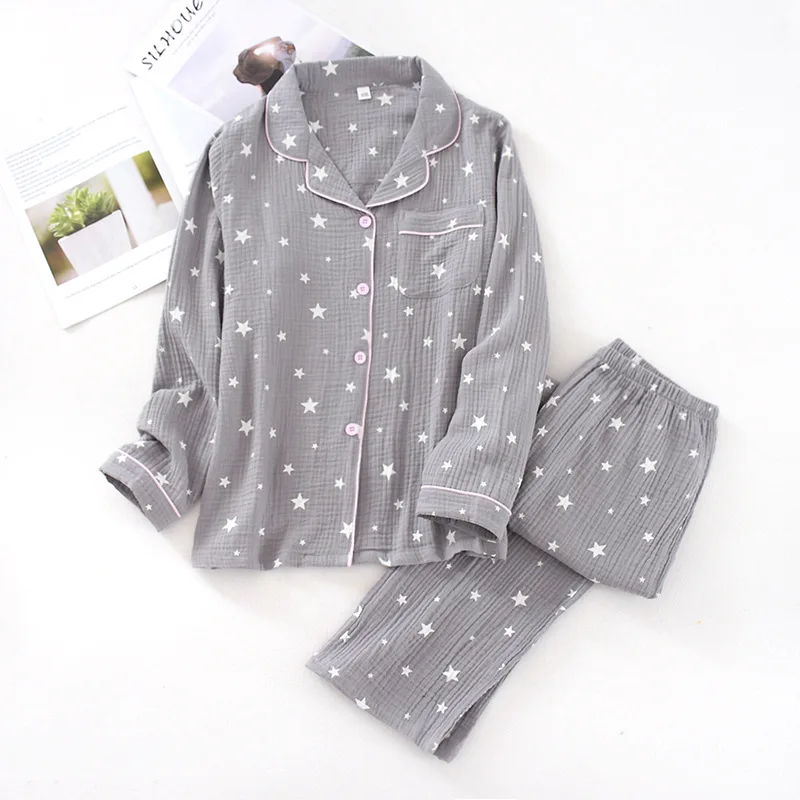 Spring 2020 100% Cotton Long Sleeve Pants Pajama Suit Women and Men Thin Home Clothes Printing Pajamas Couple Sleep Sleepwear