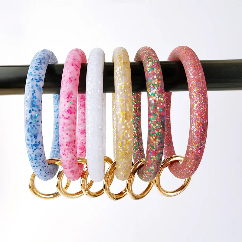 Cpop Trendy Silica Gel Wristlet Key Chains Bangle Geometric Hollow Circle Glitter Car Keychain Fashion Women Accessories Gifts