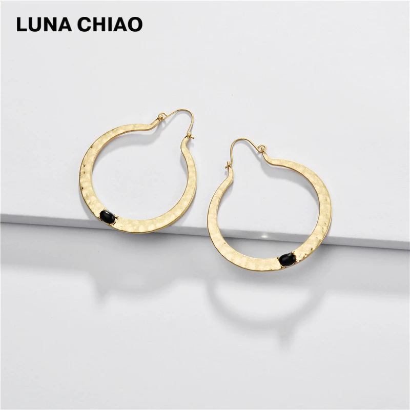 LUNA CHIAO модные ювелирные изделия молотые металлические серьги-обруч натуральный овальный камень массивные серьги - Окраска металла: black