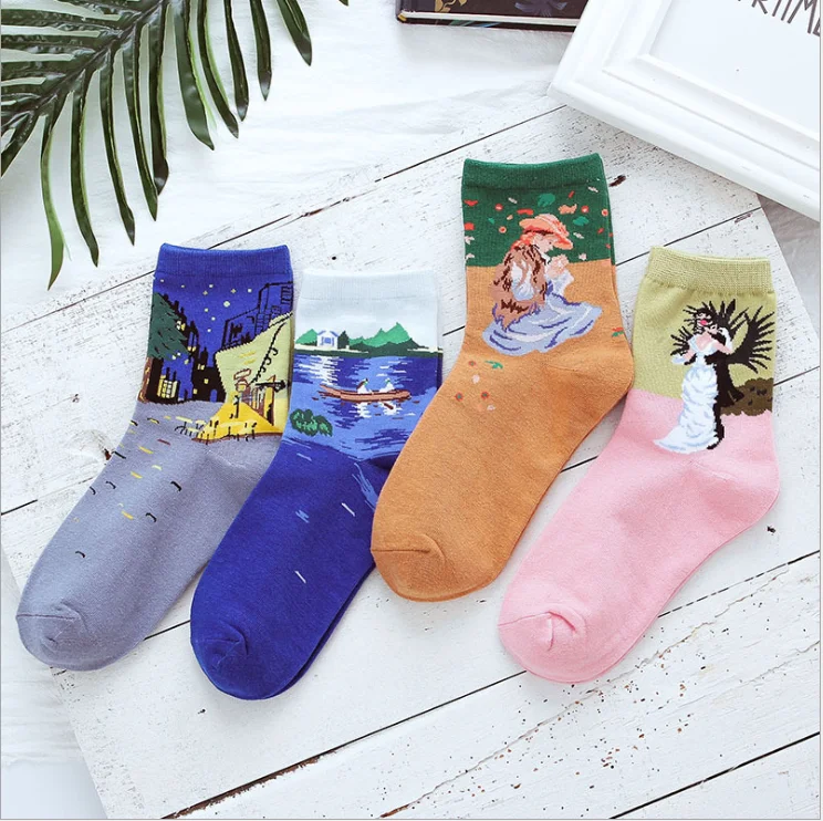 new European and American retro leisure cartoon illustration women's fashion socks Street Sports Leisure middle tube socks