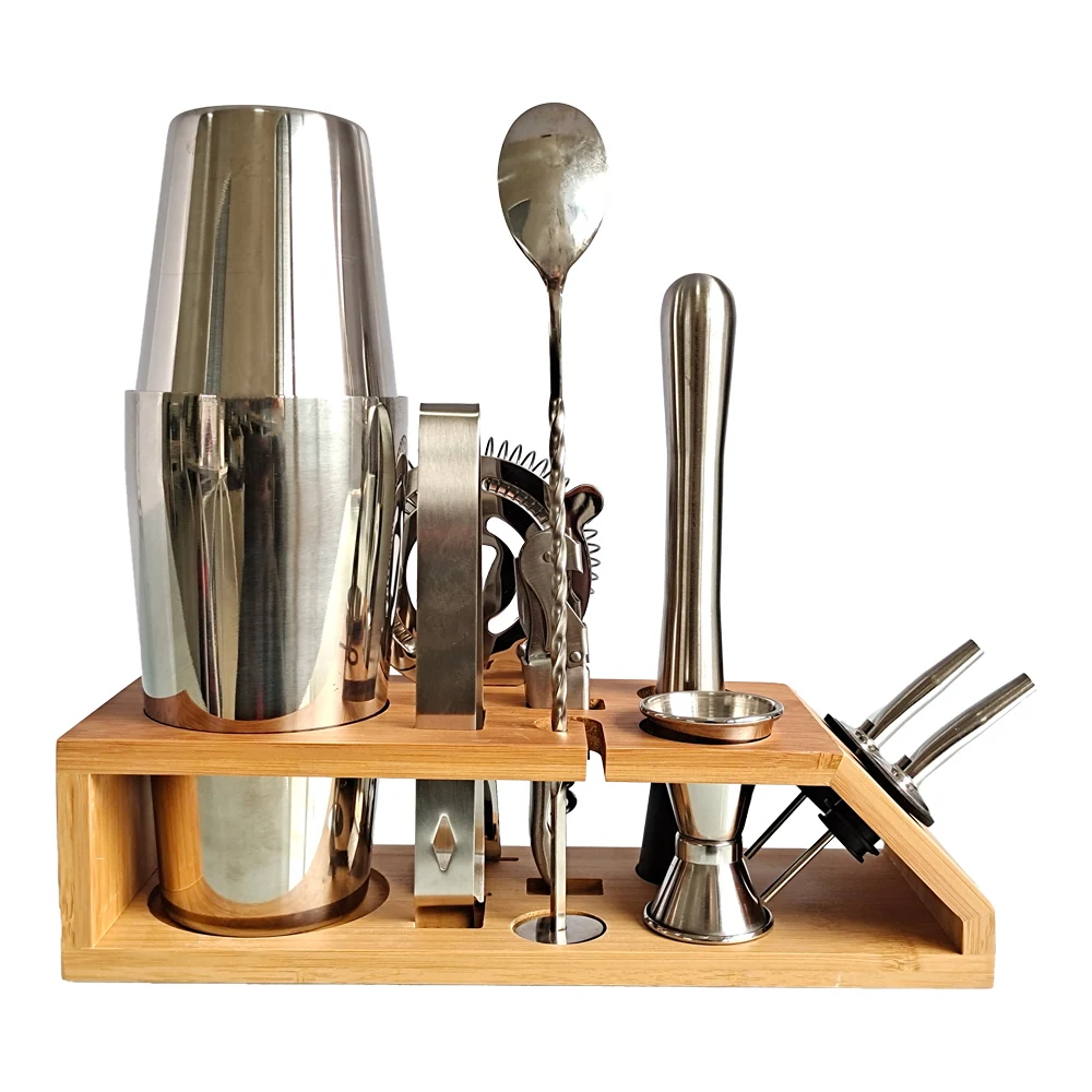 

Cocktail Shaker 10-Piece Sets Stainless Steel Trapezoidal Bamboo Frame Boston Shaker Bartender Kit For Martini Margarita Mix