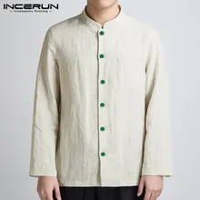 INCERUN/рубашка из хлопка в китайском стиле, Мужская Однотонная рубашка на пуговицах с воротником-стойкой и длинным рукавом, винтажная Мужская Повседневная рубашка, Camisa, высокое качество
