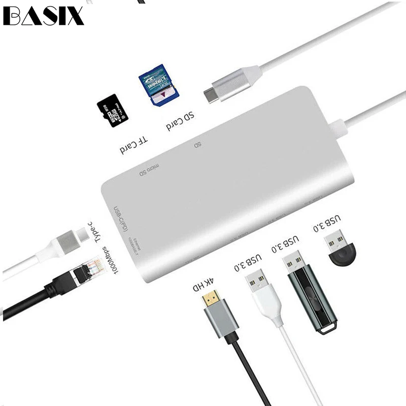 Basix USB 3,1 концентратор C концентратор HDMI/USB 3,0/RJ45/SD/TF/PD адаптер для Macbook Pro huawei P20 samsung S8 S9 type-c концентратор