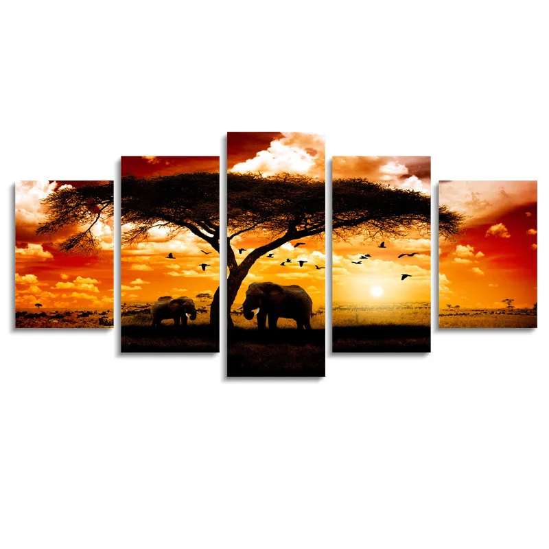 5 pcs Elephant under the tree in the African Posters Wall Art  Decoration Canvas Art  Wall For Living Room Kids Living Room (3)